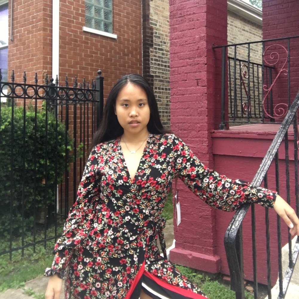 NWT Black/Red wrap dress with floral pattern - Picture 8 of 8